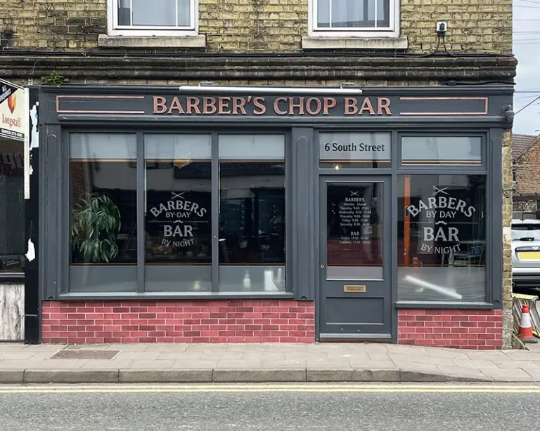 barbers chop bar shop front signage and window graphics bourne thumb